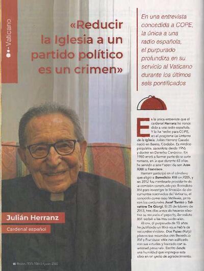 Julián Herranz: Reducir la Iglesia a un partido político es un crimen. [Journal Article]