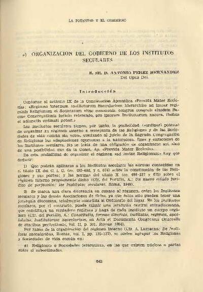 Organización del gobierno de los Institutos Seculares. [Book Section]