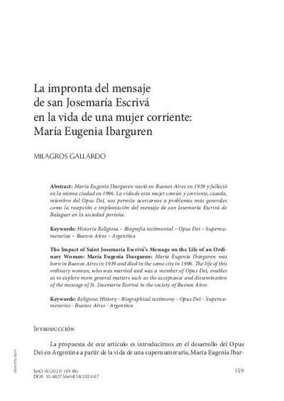 La impronta del mensaje de san Josemaría Escrivá en la vida de una mujer corriente: María Eugenia Ibarguren. [Journal Article]