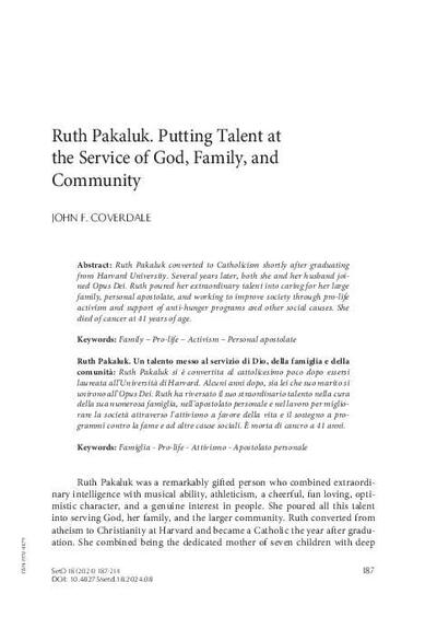 Ruth Pakaluk. Putting Talent at the Service of God, Family, and Community. [Journal Article]