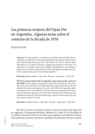 Las primeras mujeres del Opus Dei en Argentina. Algunas notas sobre el contexto de la década de 1950. [Journal Article]