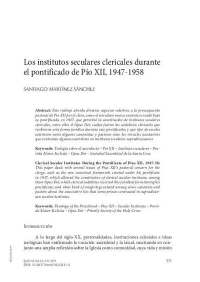 Los institutos seculares clericales durante el pontificado de Pío XII, 1947-1958. [Artículo de revista]