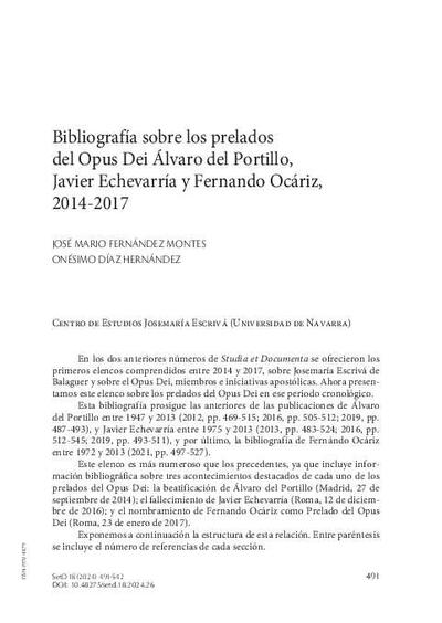 Bibliografía sobre los prelados del Opus Dei Álvaro del Portillo, Javier Echevarría y Fernando Ocáriz, 2014-2017. [Journal Article]