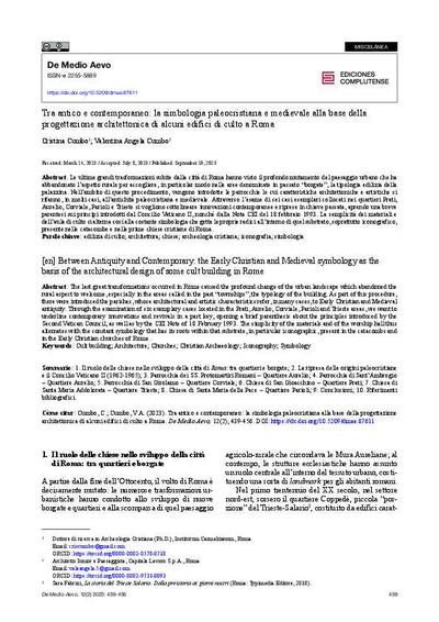 Tra antico e contemporaneo: la simbologia paleocristiana e medievale alla base della progettazione architettonica di alcuni edifici di culto a Roma. [E-Journal Article]
