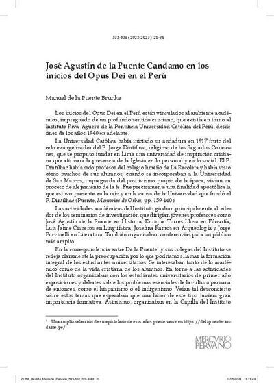 José Agustín de la Puente Candamo en los inicios del Opus Dei en el Perú. [E-Journal Article]