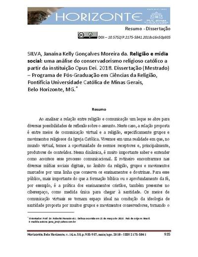 Religião e mídia social: uma análise do conservadorismo religioso católico a partir da instituição Opus Dei. [Journal Article]