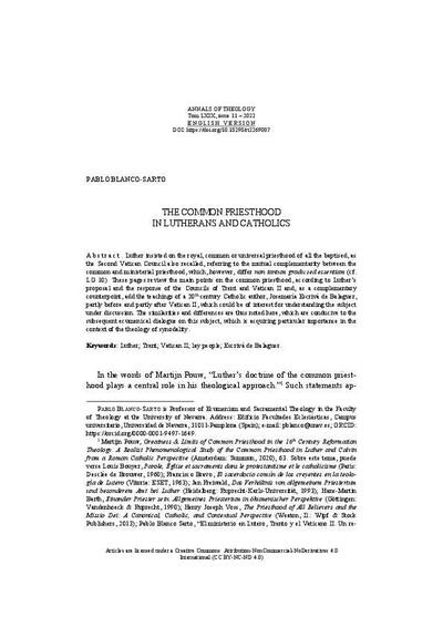 The Common Priesthood in Lutherans and Catholics. [Artículo de revista]