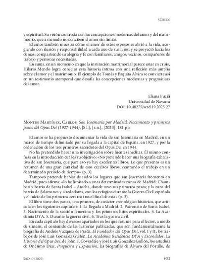 [Recensión sobre: San Josemaría por Madrid: Nacimiento y primeros pasos del Opus Dei (1927-1944)]. [Journal Article]