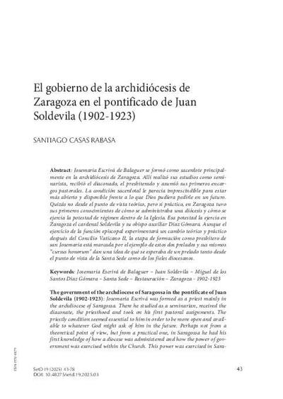 El gobierno de la archidiócesis de Zaragoza en el pontificado de Juan Soldevila (1902-1923). [Journal Article]