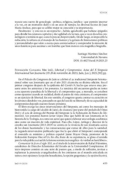 [Recensión sobre: Libertad y Compromiso. Actas del X Simposio Internacional San Josemaría (19-20 de noviembre de 2021)]. [Journal Article]