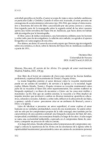 [Recensión sobre: El secreto de los Alvira. Un ejemplo de amor matrimonial]. [Journal Article]