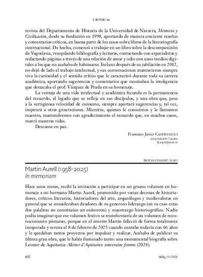 Martin Aurell (1958-2025), <i>In memoriam</i>. [Art&iacute;culo de revista]