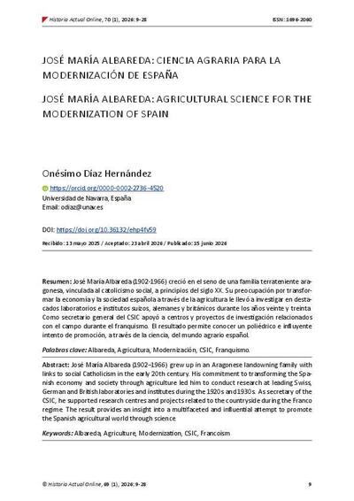 Jos&eacute; Mar&iacute;a Albareda: ciencia agraria para la modernizaci&oacute;n de Espa&ntilde;a. [Journal Article]